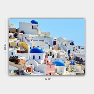 Lerretsbilde 70x100 cm - Vakker utsikt over de karakteristiske hvite husene og blå kuplene på Santorini - Blå / Hvit / Rosa - Interiør - Maleri & posters - Lerretsbilder