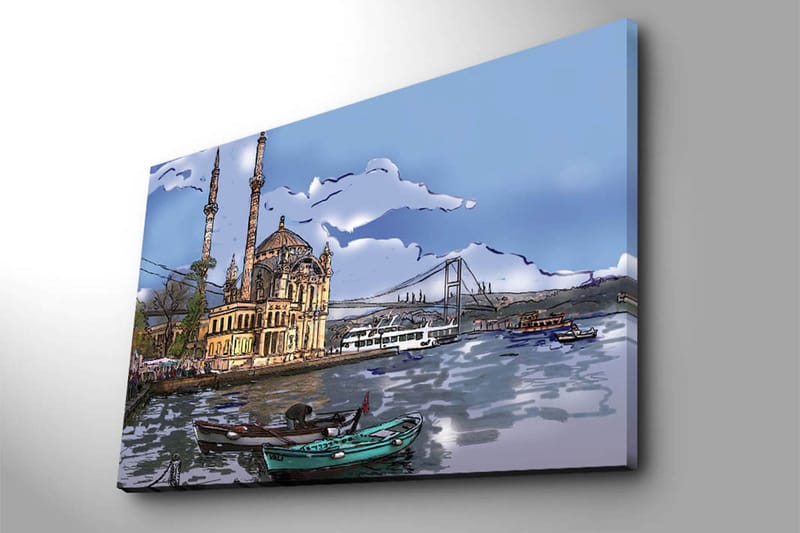 Lerretsbilde 70x100 cm - Vakker utsikt over en historisk bygning ved vannet med båter i forgrunnen og en bro i bakgrunnen - Blå / Beige / Grønn - Interiør - Maleri & posters - Lerretsbilder