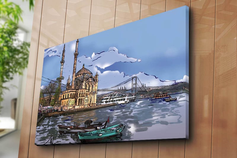 Lerretsbilde 70x100 cm - Vakker utsikt over en historisk bygning ved vannet med båter i forgrunnen og en bro i bakgrunnen - Blå / Beige / Grønn - Interiør - Maleri & posters - Lerretsbilder