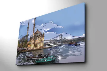 Lerretsbilde 70x100 cm - Vakker utsikt over en historisk bygning ved vannet med båter i forgrunnen og en bro i bakgrunnen - Blå / Beige / Grønn - Interiør - Maleri & posters - Lerretsbilder