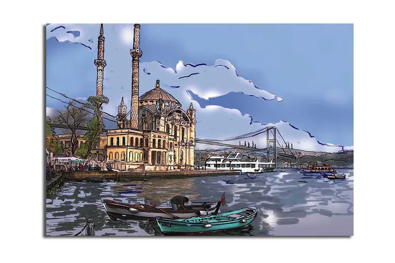 Lerretsbilde 70x100 cm - Vakker utsikt over en historisk bygning ved vannet med båter i forgrunnen og en bro i bakgrunnen, Blå / Beige / Grønn