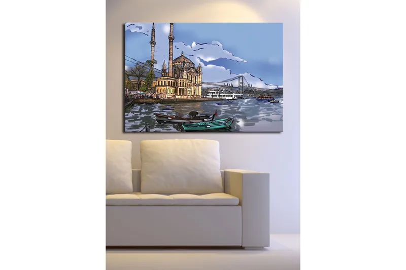Lerretsbilde 70x100 cm - Vakker utsikt over en historisk bygning ved vannet med båter i forgrunnen og en bro i bakgrunnen - Blå / Beige / Grønn - Interiør - Maleri & posters - Lerretsbilder