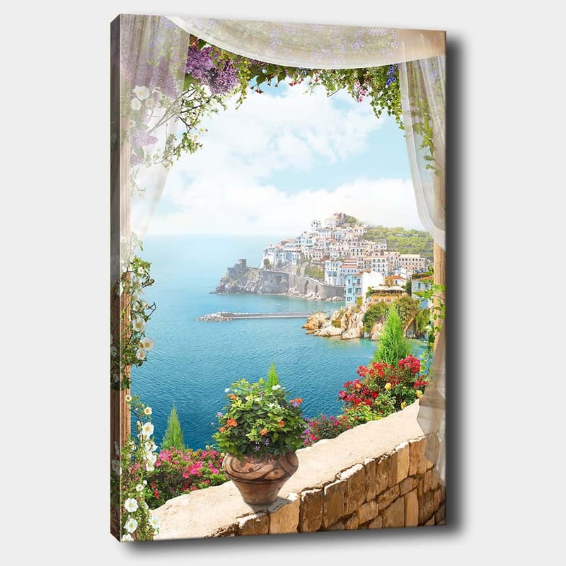 Lerretsbilde 70x100 cm - Vakker utsikt over en kystby med fargerike hus og blomstrende planter, sett gjennom en åpen vindusåpning, Blå / Grønn / Hvit