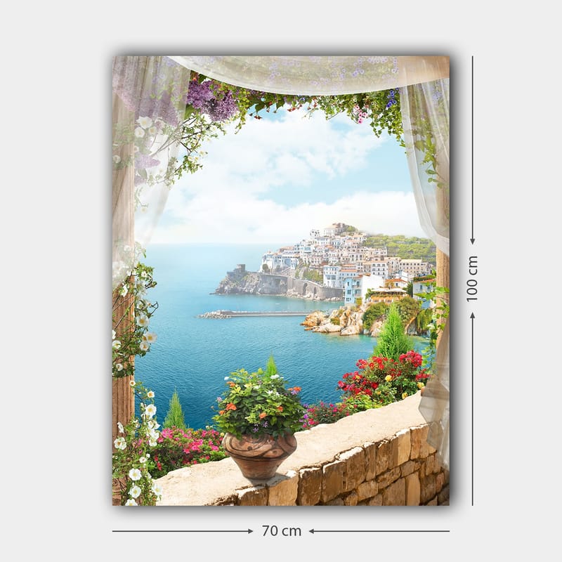 Lerretsbilde 70x100 cm - Vakker utsikt over en kystby med fargerike hus og blomstrende planter, sett gjennom en åpen vindusåpning - Blå / Grønn / Hvit - Interiør - Maleri & posters - Lerretsbilder