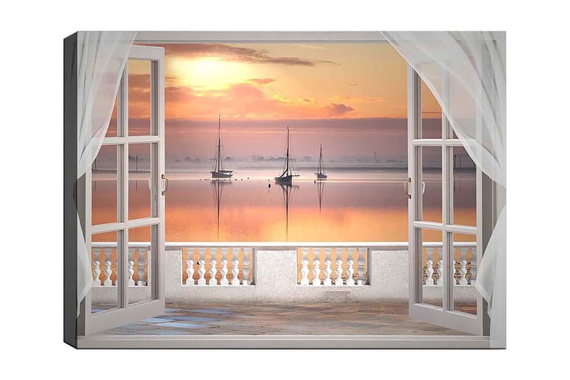 Lerretsbilde 70x100 cm - Vakker utsikt over en rolig innsjø med seilbåter ved solnedgang, Lys oransje / Rosa / Lys blå