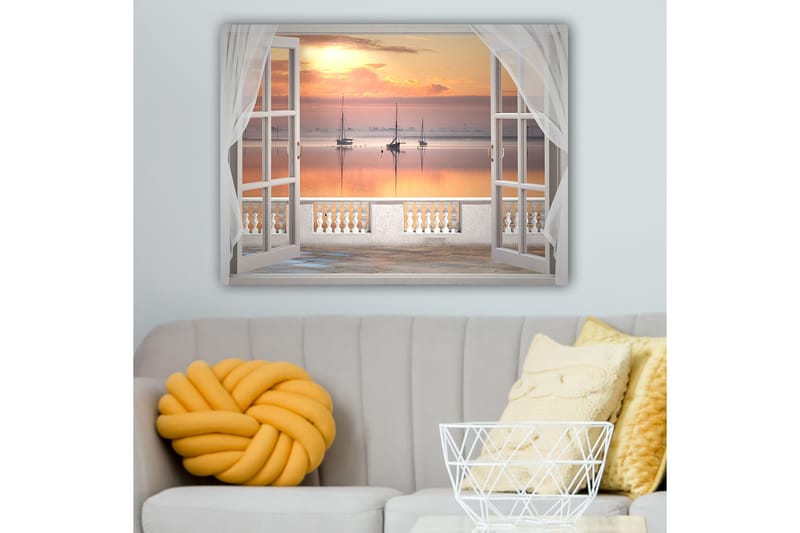 Lerretsbilde 70x100 cm - Vakker utsikt over en rolig innsjø med seilbåter ved solnedgang - Lys oransje / Rosa / Lys blå - Interiør - Maleri & posters - Lerretsbilder