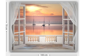 Lerretsbilde 70x100 cm - Vakker utsikt over en rolig innsjø med seilbåter ved solnedgang - Lys oransje / Rosa / Lys blå - Interiør - Maleri & posters - Lerretsbilder