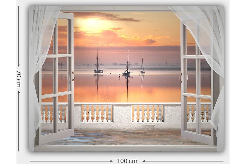 Lerretsbilde 70x100 cm - Vakker utsikt over en rolig innsjø med seilbåter ved solnedgang - Lys oransje / Rosa / Lys blå - Interiør - Maleri & posters - Lerretsbilder