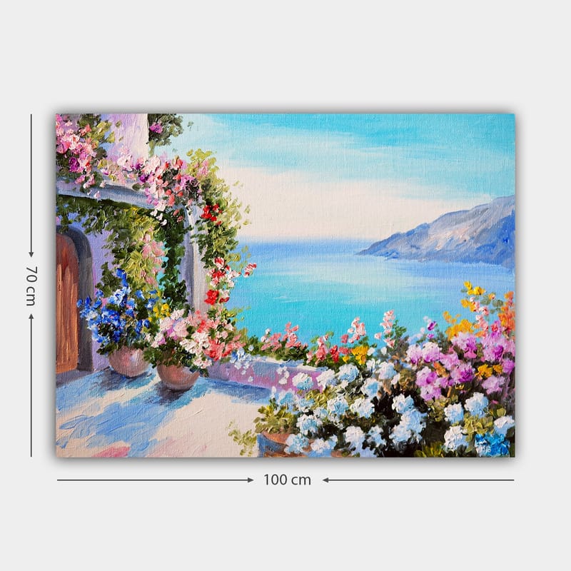 Lerretsbilde 70x100 cm - Vakker utsikt over havet med blomsteroppsatser i potter som pryder en terrasse - Blå / Grønn / Rosa - Interiør - Maleri & posters - Lerretsbilder