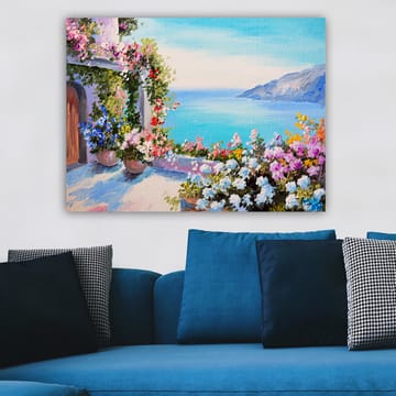Lerretsbilde 70x100 cm - Vakker utsikt over havet med blomsteroppsatser i potter som pryder en terrasse - Blå / Grønn / Rosa - Interiør - Maleri & posters - Lerretsbilder