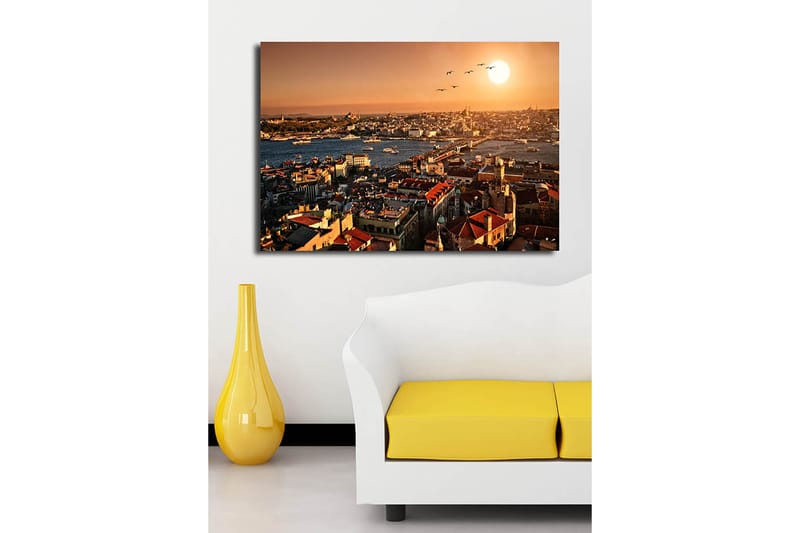 Lerretsbilde 70x100 cm - Vakker utsikt over Istanbul ved solnedgang, med hustak og båter på vannet - Oransje / Rød / Blå - Interiør - Maleri & posters - Lerretsbilder