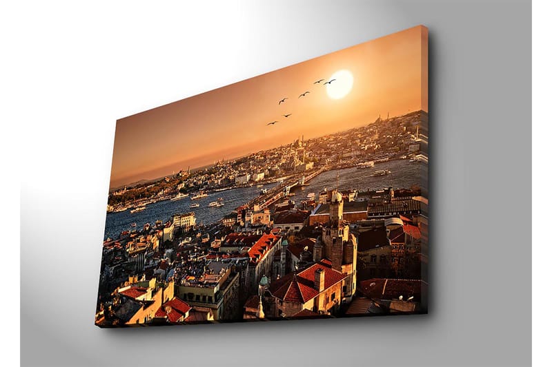 Lerretsbilde 70x100 cm - Vakker utsikt over Istanbul ved solnedgang, med hustak og båter på vannet - Oransje / Rød / Blå - Interiør - Maleri & posters - Lerretsbilder