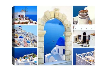 Lerretsbilde 70x100 cm - Vakker utsikt over Santorini med hvite hus og blå kupler mot havet - Blå / Hvit / Beige - Interiør - Maleri & posters - Lerretsbilder