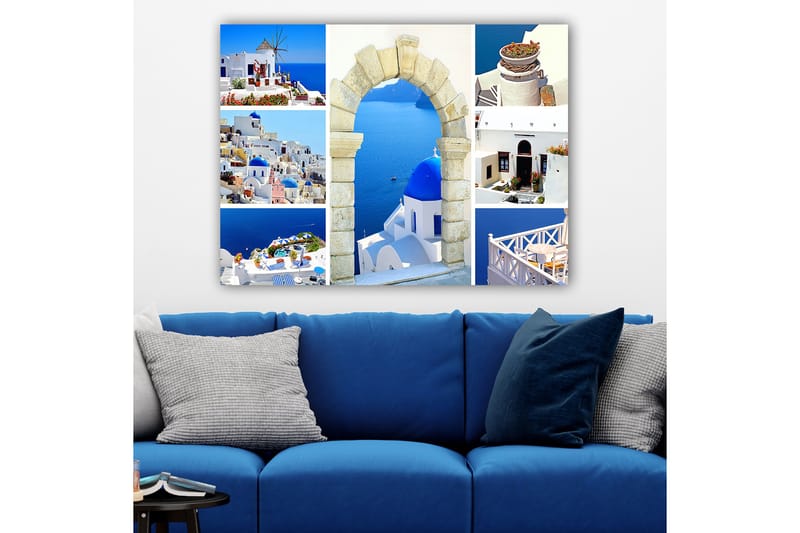 Lerretsbilde 70x100 cm - Vakker utsikt over Santorini med hvite hus og blå kupler mot havet - Blå / Hvit / Beige - Interiør - Maleri & posters - Lerretsbilder