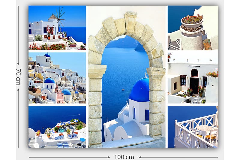 Lerretsbilde 70x100 cm - Vakker utsikt over Santorini med hvite hus og blå kupler mot havet - Blå / Hvit / Beige - Interiør - Maleri & posters - Lerretsbilder