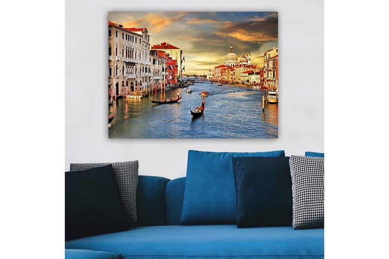 Lerretsbilde 70x100 cm - Vakker utsikt over Venezia med gondoler som glir langs kanalen og historiske bygninger langs vannet - Blå / Terrakotta / Beige - Interiør - Maleri & posters - Lerretsbilder