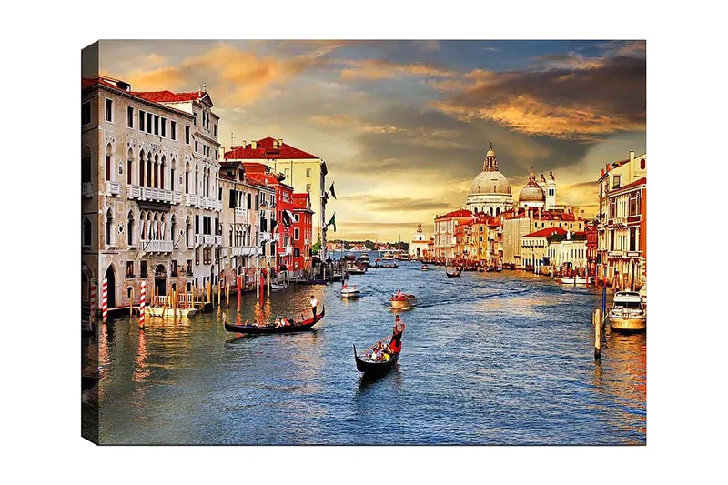Lerretsbilde 70x100 cm - Vakker utsikt over Venezia med gondoler som glir langs kanalen og historiske bygninger langs vannet, Blå / Terrakotta / Beige