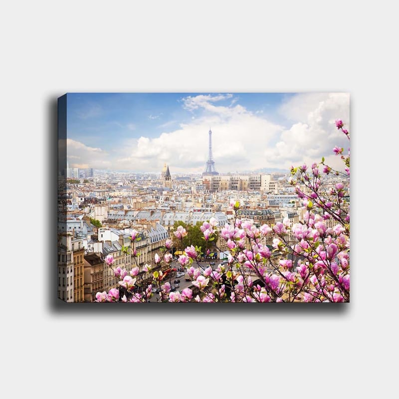 Lerretsbilde 70x100 cm - Vakker utsikt over Paris med Eiffeltårnet omgitt av blomstrende kirsebærtrær, Rosa / Blå / Grønn