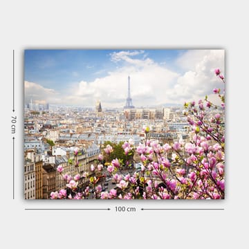 Lerretsbilde 70x100 cm - Vakker utsikt over Paris med Eiffeltårnet omgitt av blomstrende kirsebærtrær - Rosa / Blå / Grønn - Interiør - Maleri & posters - Lerretsbilder