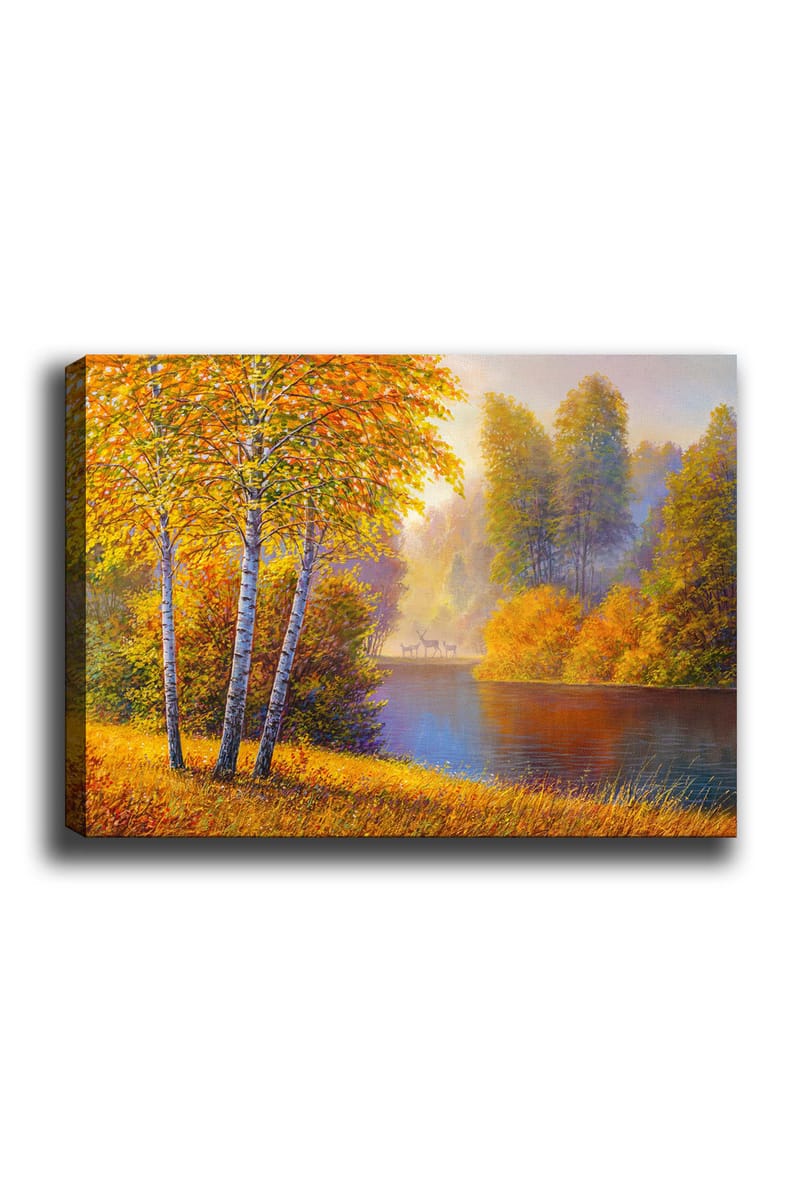 Lerretsbilde 70x100 cm - Vakkert høstlandskap med bjørker ved en stille innsjø, Gyllenoransje / Grønn / Blå