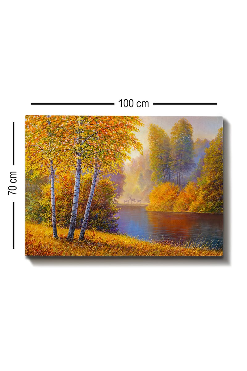 Lerretsbilde 70x100 cm - Vakkert høstlandskap med bjørker ved en stille innsjø - Gyllenoransje / Grønn / Blå - Interiør - Maleri & posters - Lerretsbilder