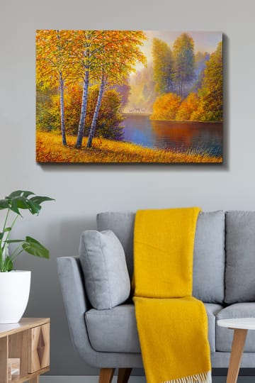 Lerretsbilde 70x100 cm - Vakkert høstlandskap med bjørker ved en stille innsjø - Gyllenoransje / Grønn / Blå - Interiør - Maleri & posters - Lerretsbilder