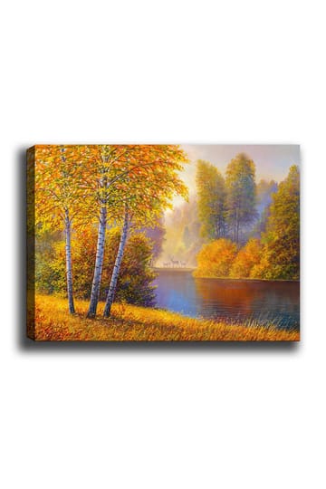 Lerretsbilde 70x100 cm - Vakkert høstlandskap med bjørker ved en stille innsjø - Gyllenoransje / Grønn / Blå - Interiør - Maleri & posters - Lerretsbilder