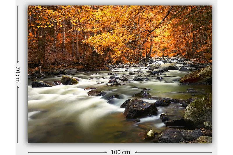 Lerretsbilde 70x100 cm - Vakkert høstlandskap med en rislende bekk omgitt av gyllent og oransje løvverk - Gyllen / Oransje / Grønn - Interiør - Maleri & posters - Lerretsbilder