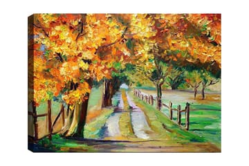Lerretsbilde 70x100 cm - Vakkert høstlandskap med fargerike trær langs en grusvei - Oransje / Grønn / Brun - Interiør - Maleri & posters - Lerretsbilder