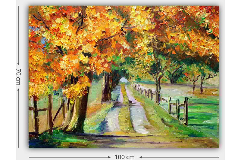 Lerretsbilde 70x100 cm - Vakkert høstlandskap med fargerike trær langs en grusvei - Oransje / Grønn / Brun - Interiør - Maleri & posters - Lerretsbilder