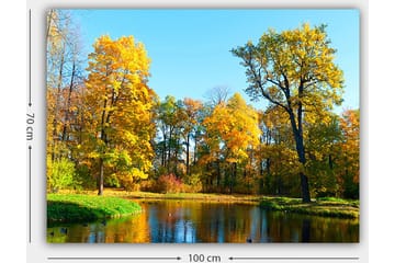Lerretsbilde 70x100 cm - Vakkert høstlandskap med fargerike trær og en speilblank innsjø - Gyllen gul / Grønn / Blå - Interiør - Maleri & posters - Lerretsbilder