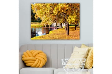 Lerretsbilde 70x100 cm - Vakkert høstmotiv med gylne trær som speiler seg i en stille innsjø - Gull / Grønn / Brun - Interiør - Maleri & posters - Lerretsbilder