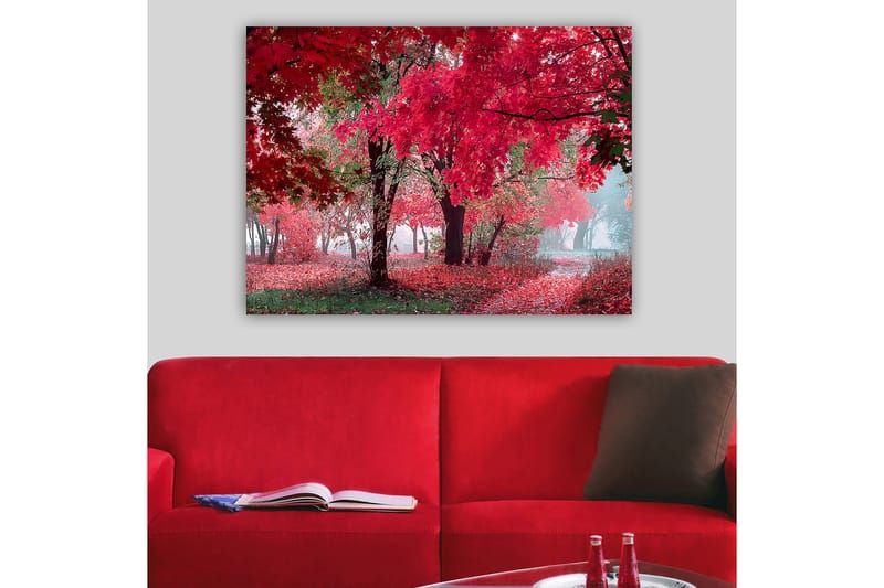 Lerretsbilde 70x100 cm - Vakkert høstmotiv med røde og oransje blader som dekker trærne og bakken - Rød / Oransje / Grønn - Interiør - Maleri & posters - Lerretsbilder