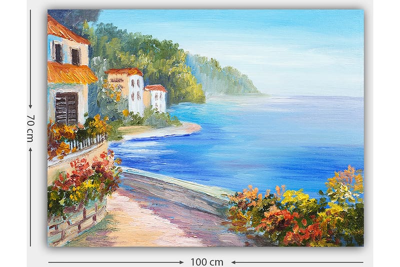 Lerretsbilde 70x100 cm - Vakkert kystlandskap med hvite hus og blomstrende planter ved sjøen - Blå / Grønn / Oransje - Interiør - Maleri & posters - Lerretsbilder