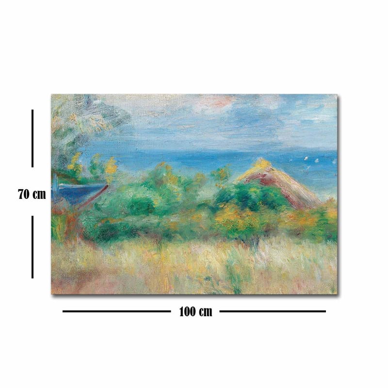 Lerretsbilde 70x100 cm - Vakkert landskapsmaleri med blå himmel, hav og grønne marker - Blå / Grønn / Beige - Interiør - Maleri & posters - Lerretsbilder