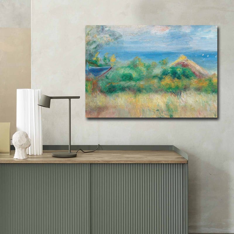 Lerretsbilde 70x100 cm - Vakkert landskapsmaleri med blå himmel, hav og grønne marker - Blå / Grønn / Beige - Interiør - Maleri & posters - Lerretsbilder