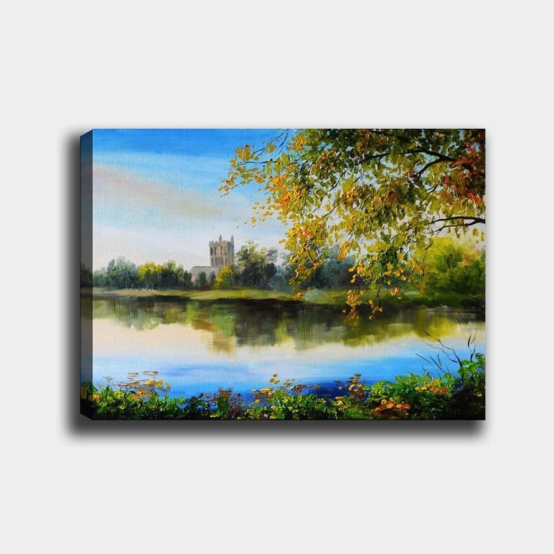 Lerretsbilde 70x100 cm - Vakkert landskapsmaleri med en speilblank innsjø og et gammelt tårn i bakgrunnen, omgitt av trær og høstfarger, Grønn / Blå / Gul