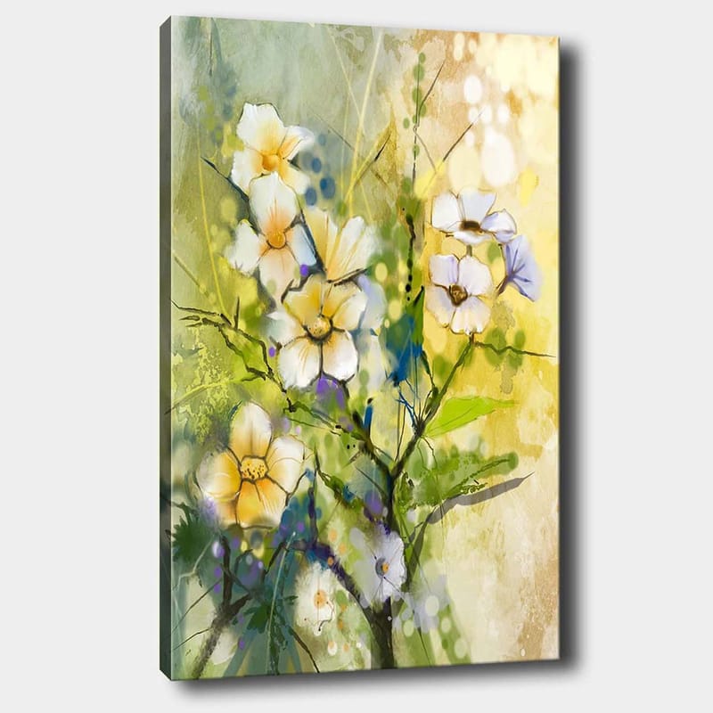 Lerretsbilde 70x100 cm - Vakre blomster i en fargerik og livlig komposisjon, Gul / Hvit / Grønn