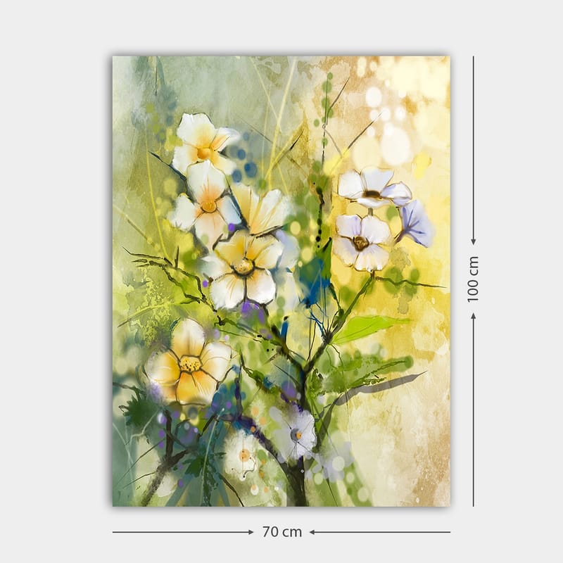 Lerretsbilde 70x100 cm - Vakre blomster i en fargerik og livlig komposisjon - Gul / Hvit / Grønn - Interiør - Maleri & posters - Lerretsbilder