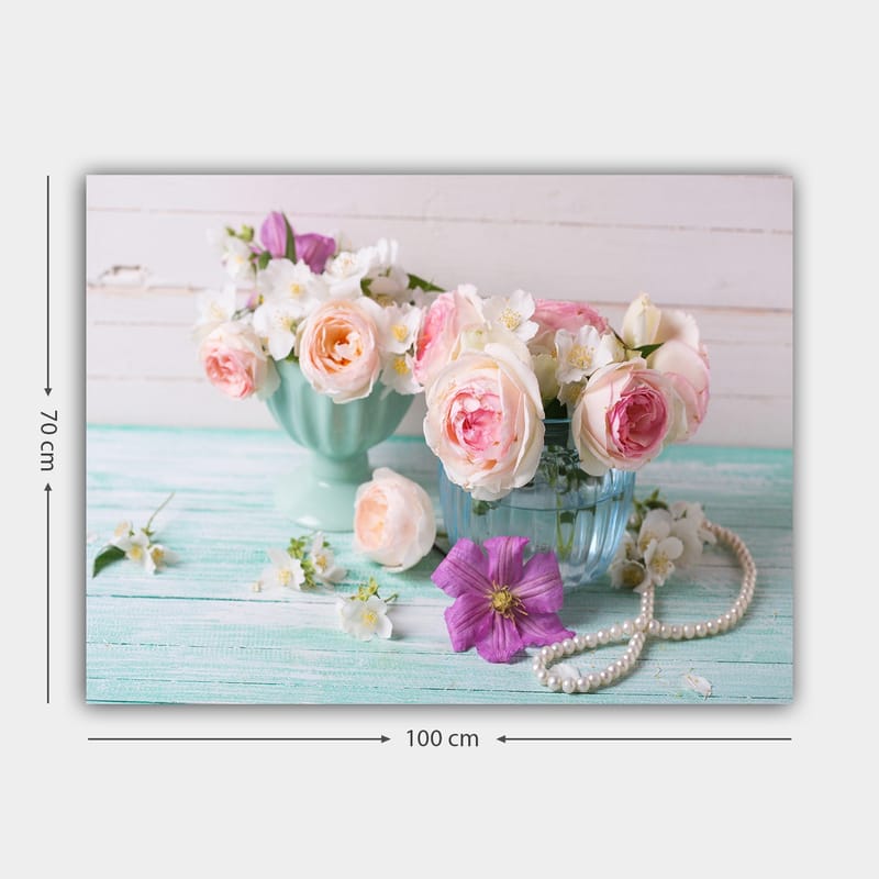 Lerretsbilde 70x100 cm - Vakre blomster i pastellfargede skåler med en romantisk følelse - Lys rosa / Mintgrønn / Lilla - Interiør - Maleri & posters - Lerretsbilder