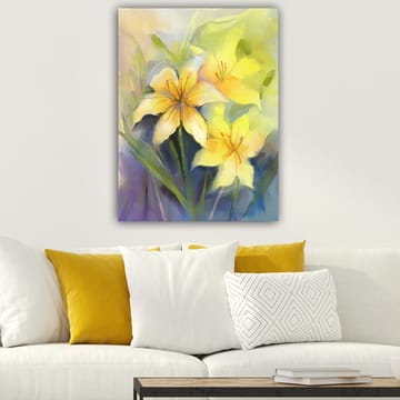 Lerretsbilde 70x100 cm - Vakre gule liljer i en myk og fargerik komposisjon - Gul / Grønn / Lilla - Interiør - Maleri & posters - Lerretsbilder