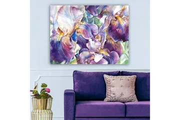 Lerretsbilde 70x100 cm - Vakre irisblomster i en fargerik komposisjon - Lilla / Hvit / Gul - Interiør - Maleri & posters - Lerretsbilder
