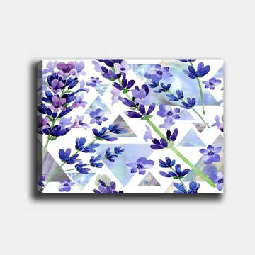 Lerretsbilde 70x100 cm - Vakre lavendelblomster i en moderne geometrisk komposisjon - Lilla / Grønn / Blå - Interiør - Maleri & posters - Lerretsbilder
