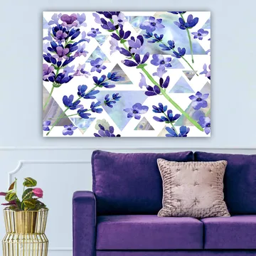 Lerretsbilde 70x100 cm - Vakre lavendelblomster i en moderne geometrisk komposisjon - Lilla / Grønn / Blå - Interiør - Maleri & posters - Lerretsbilder