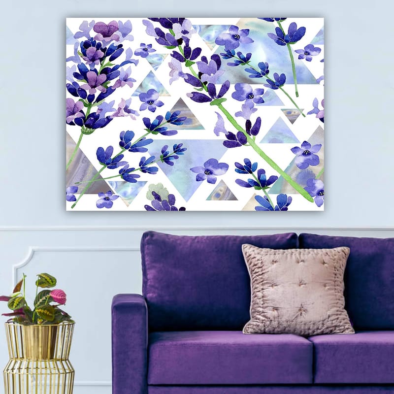 Lerretsbilde 70x100 cm - Vakre lavendelblomster i en moderne geometrisk komposisjon - Lilla / Grønn / Blå - Interiør - Maleri & posters - Lerretsbilder