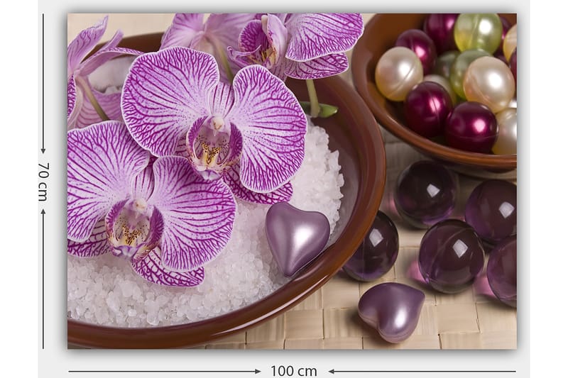 Lerretsbilde 70x100 cm - Vakre orkideer i en bolle med dekorative elementer - Lilla / Hvit / Rosa - Interiør - Maleri & posters - Lerretsbilder