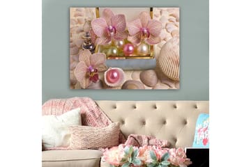 Lerretsbilde 70x100 cm - Vakre orkideer og perler i en elegant eske - Lys rosa / Grønn / Perlehvit - Interiør - Maleri & posters - Lerretsbilder