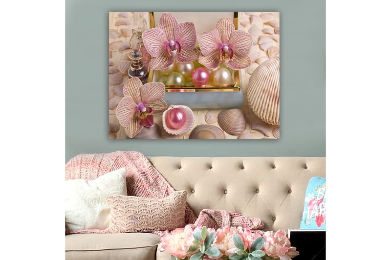 Lerretsbilde 70x100 cm - Vakre orkideer og perler i en elegant eske - Lys rosa / Grønn / Perlehvit - Interiør - Maleri & posters - Lerretsbilder