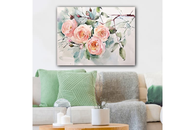 Lerretsbilde 70x100 cm - Vakre roser i pastellfarger som blomstrer med grøntområder rundt - Lys rosa / Grønn / Gul - Interiør - Maleri & posters - Lerretsbilder
