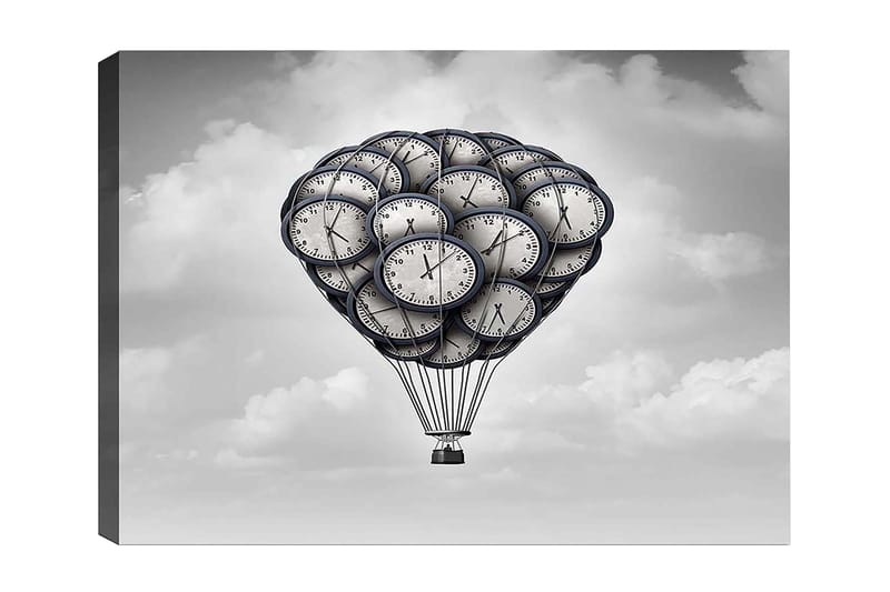 Lerretsbilde 70x100 cm - Varmluftsballong formet av bjeller som svever i en drømmeaktig himmel, Grå / Svart / Hvit